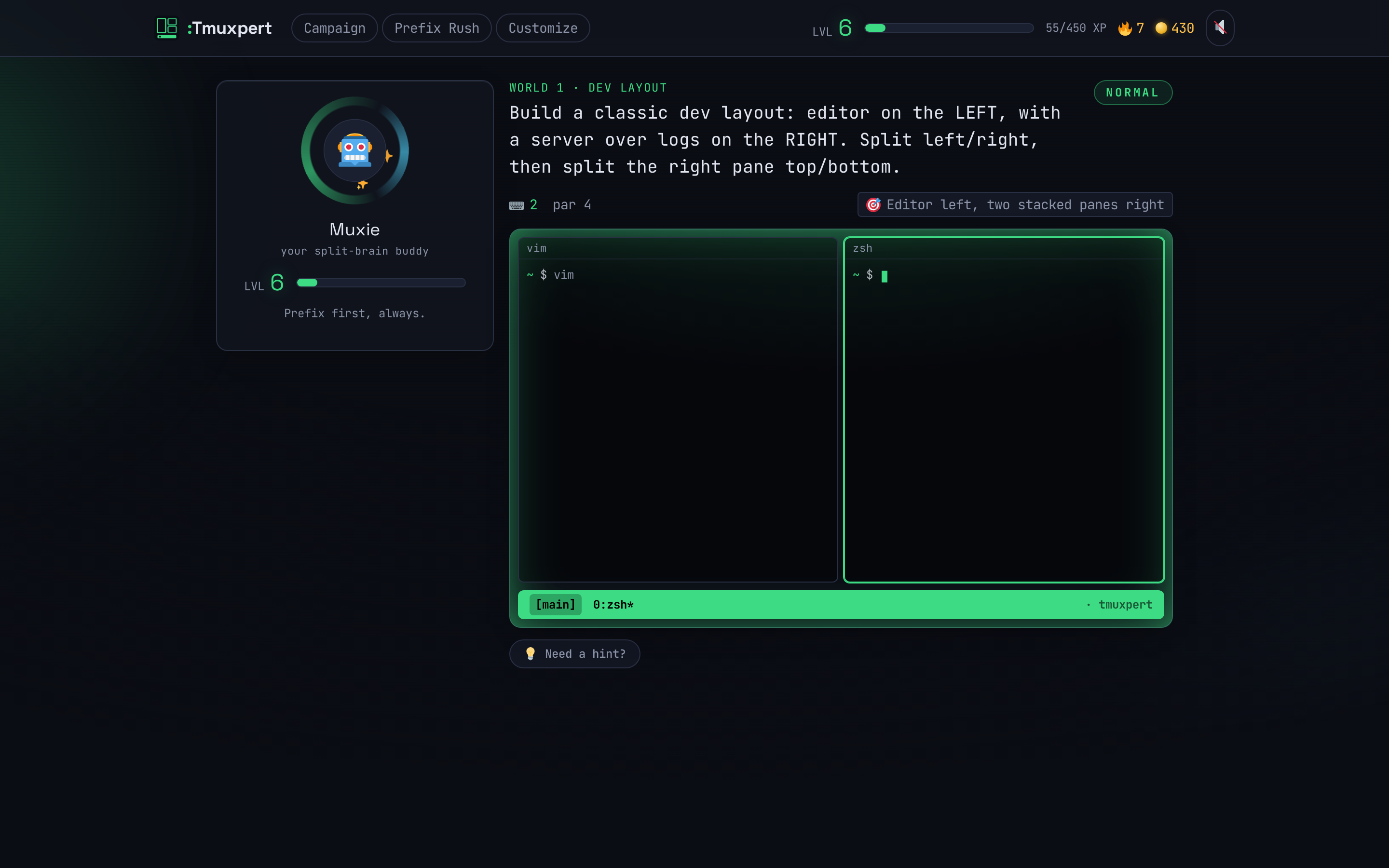 A TmuxLegends level: the interactive tmux surface