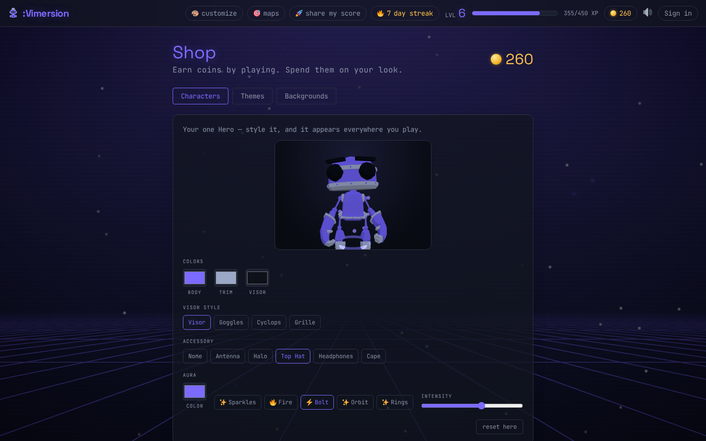 The VimLegends Hero studio: live 3D preview